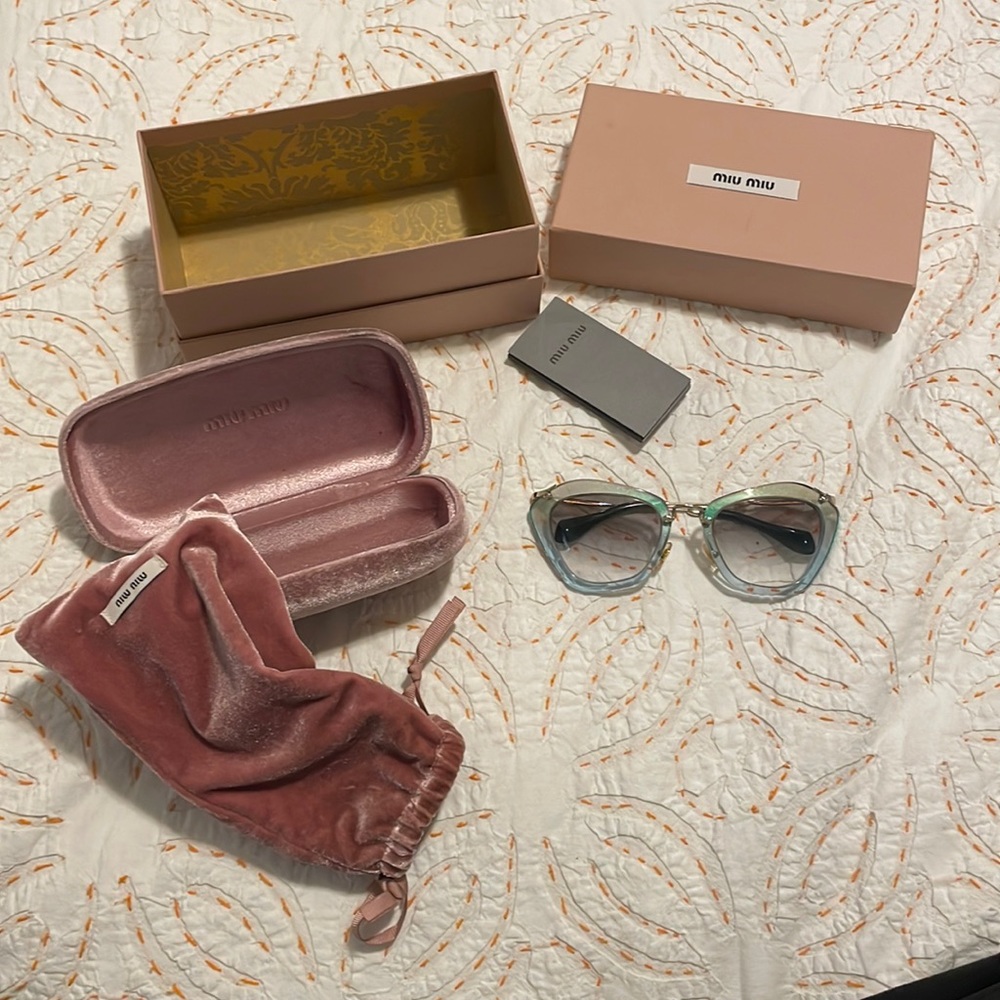 Authentic Y2K MiuMiu Cat Eye Sunglasses with glitter aqua blue frames